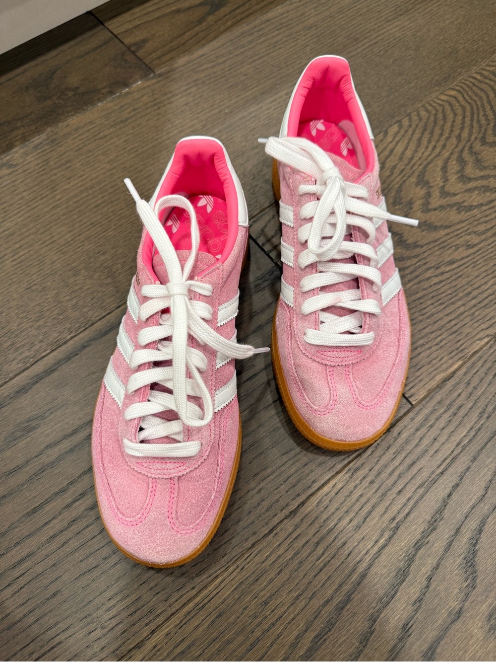 adidas Pink Suede Women's Sneakers with White Stripes and Gum Sole